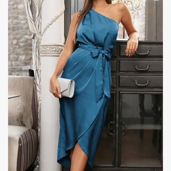 Ruched Bodycon One Shoulder Faux Wrap Tulip Cocktail Dress Size XL - Picture 1 of 13